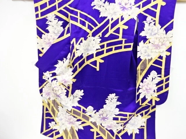 83024# Japanese Kimono / Antique Furisode / Embroidery / Bridge & Peony