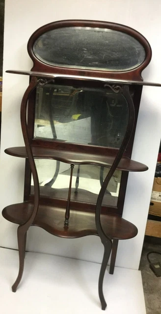 Antique Mahogany Etagere Shelf 3 Beveled Mirrors Art Nouveau