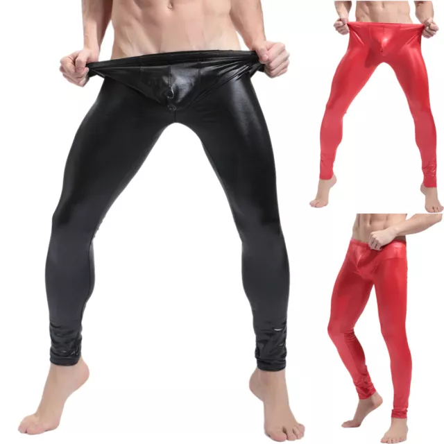 Latex Pants Mens Wetlook Leather Open Hole Tight Long Pants