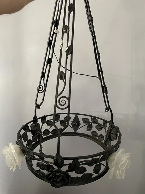 Lustre Art Déco Muller Frères Lunéville Fer Forgé 4 Feux Verre Signé
