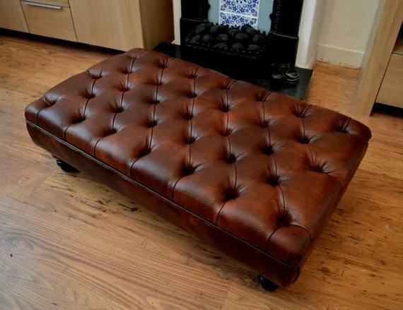 Chesterfield Deep Button Footstool in Chestnut Faux Leather With Mahogany Legs