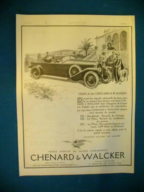 PUBLICITE DE PRESSE CHENARD & WALCKER AUTOMOBILE RCORDS FIERTé AD 1923