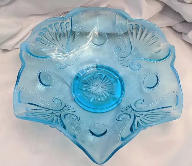 Antique JEFFERSON Art Glass JEWEL & FAN Blue Opalescent  Ruffled BOWL edges glow