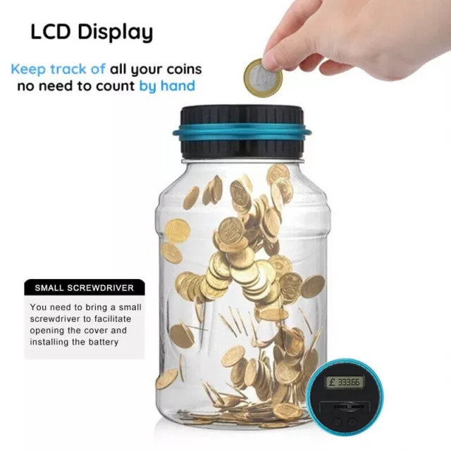 Electronic Digital LCD Coin Counter Counting Jar Money Saving Piggy Bank 1.8L