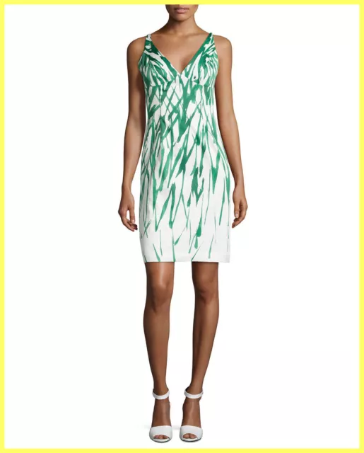 Nwot $365 Milly Liz White Green Brushstroke Print Stretch Cotton Sheath Dress 4