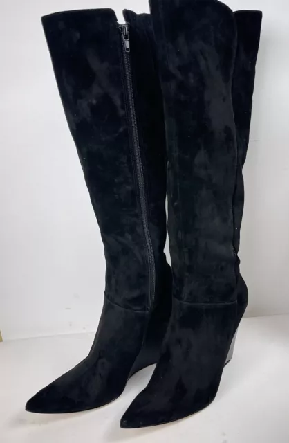 NINE WEST VARIN Black Suede Real Leather Knee High Boots 4" Wedge Heel Size 8M
