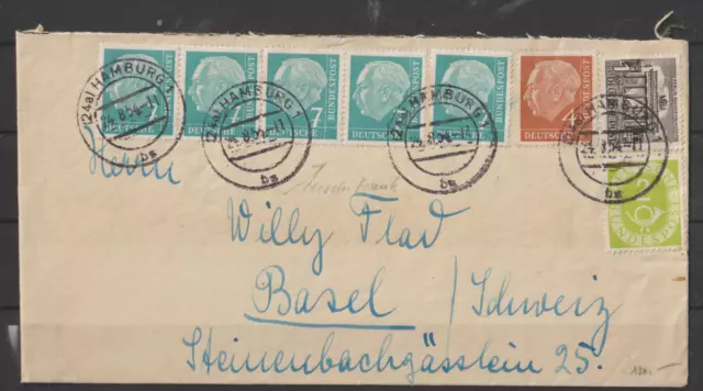 Bund Heuss I,  7 Pf Mi. 181 im waager. 4er-Streifen gestemp. auf Brief "Hamburg"