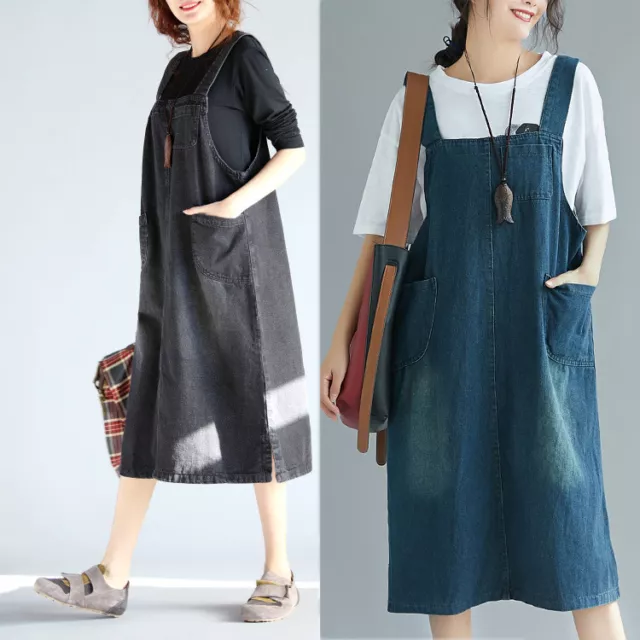 Women Girl Denim Overalls Bib Dress Suspender Jean Skirt Pinafore Loose Casual