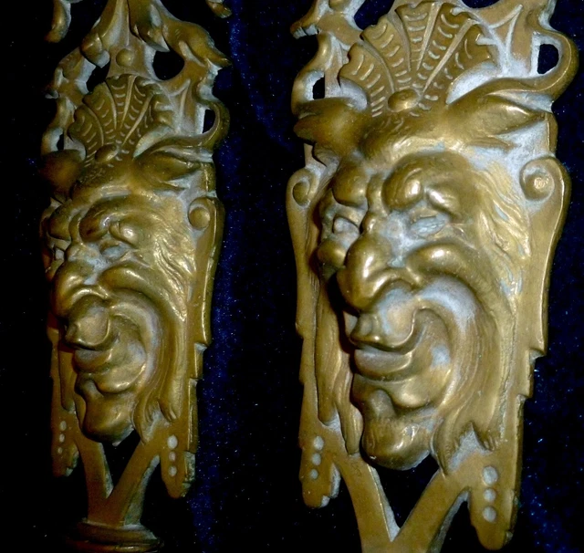 PAIR OF RARE LONG FRENCH BRONZE/BRASS MOUNTS PEDIMENTS DEVIL DEMON FAUN 54 x 8cm