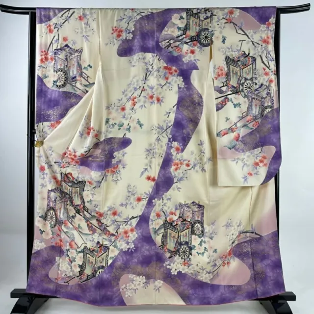 Japanese Kimono Furisode Pure Silk An Ox Drawn Coach Cherry Blossoms Cream Color