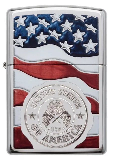 Zippo 29395, Stamped American Flag Design, High Polish Chrome Lighter