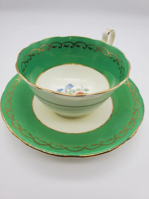 Vintage  AYNSLEY Bone China England  Green & Gold W/ Floral Tea Cup & Saucer Set