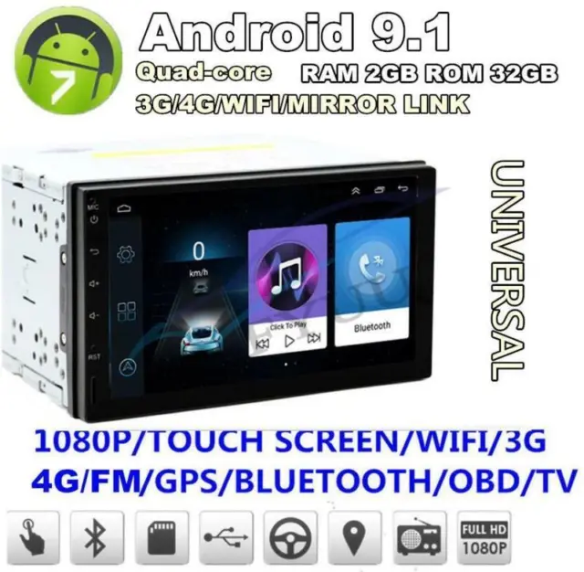 Android 9.1 7" 2Din Quad-core RAM 2GB ROM 32GB Car GPS Wifi 3G 4G FM OBD DAB BT