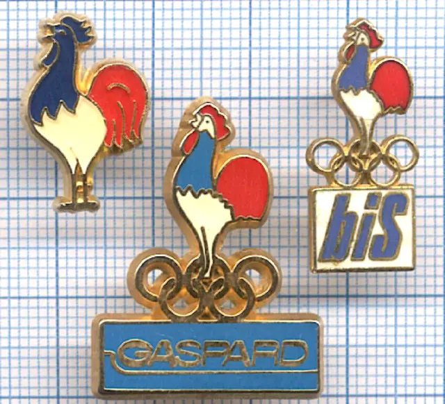 Lot de 3 Pin's COQ bleu blanc rouge / équipe de FRANCE / JO sponsor GASPARD BIS