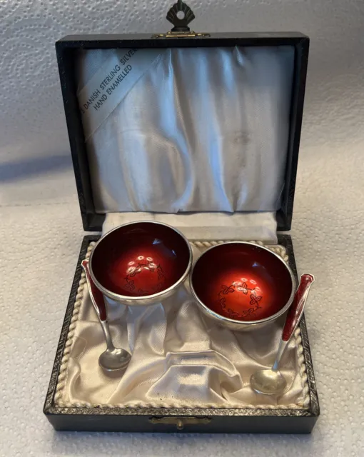 Set of Meka Danish Sterling Silver & Red Enameled  Pr. Salt Cellars w/Spoons.