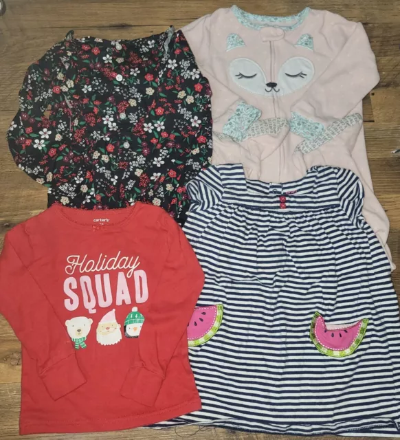 Lot Of 4 Carters Baby Girl Clothes Lot Size 12 Months Romper, Dress, Pajama.