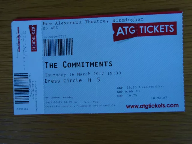 The Commitments Ticket Stub Alexandra Theatre Birmingham 16 March 2017