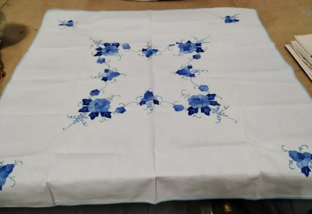 Handmade White linen tablecloth & Napkins ~ Blue Embroidery & Applique flowers