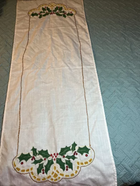 Embroidered Christmas Table Runner With Holly