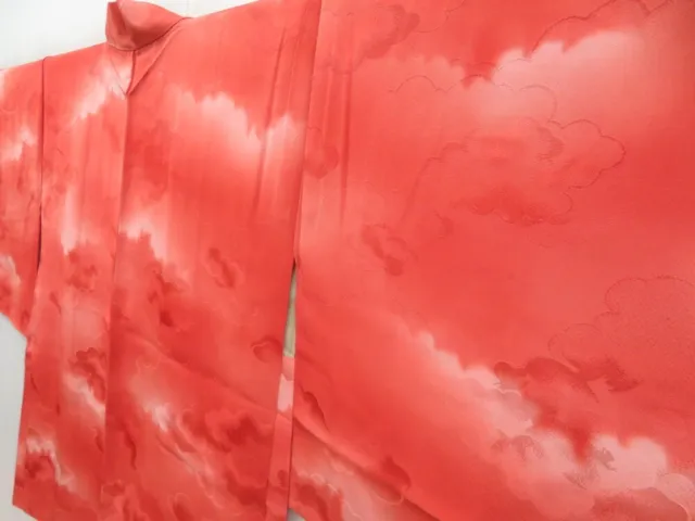 3127T07z490 Vintage Japanese Kimono Silk HAORI Cloud Red-Pink 2