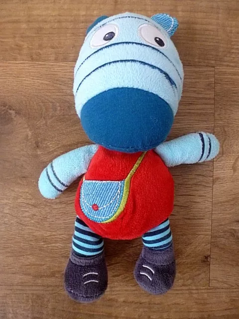 A4-Pommette Doudou Peluche zèbre bleu rouge sac bandoulière 21 cm