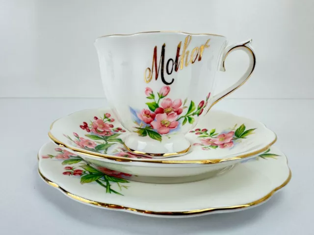 Vintage ROYAL ALBERT Mother - Pink Floral Design Tea Cup & Saucer Trio Set 2