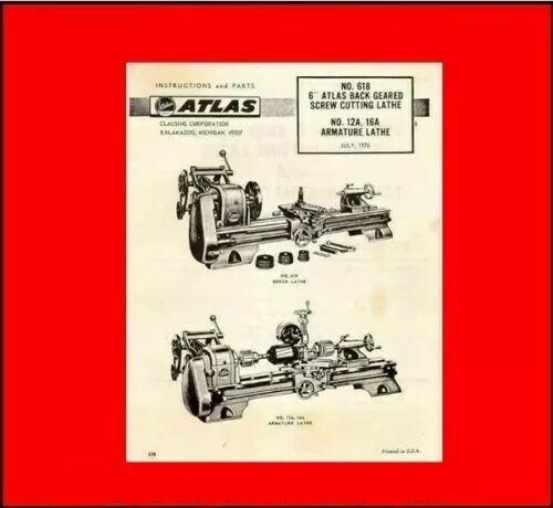 Metal Lathe Instructions & Parts Manual Fits ATLAS/CRAFTSMAN 6"  NO. 618