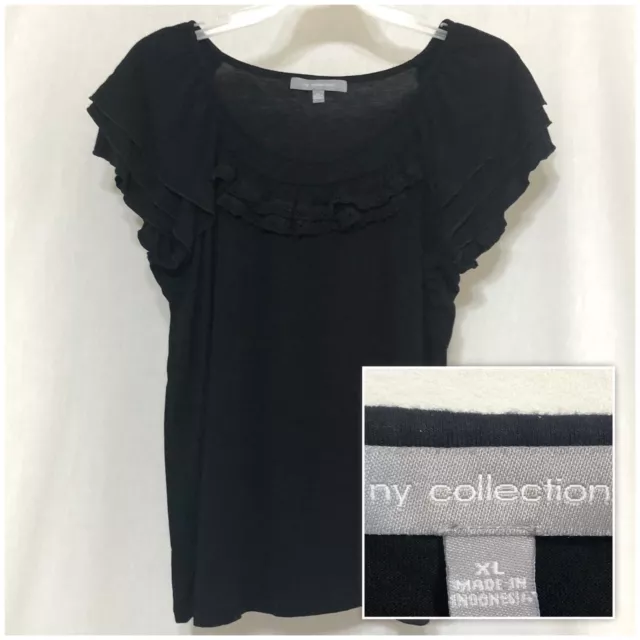 Sz XL NY COLLECTION Women’s Short Sleeve Ruffle Stretch Black Blouse, Top, Shirt