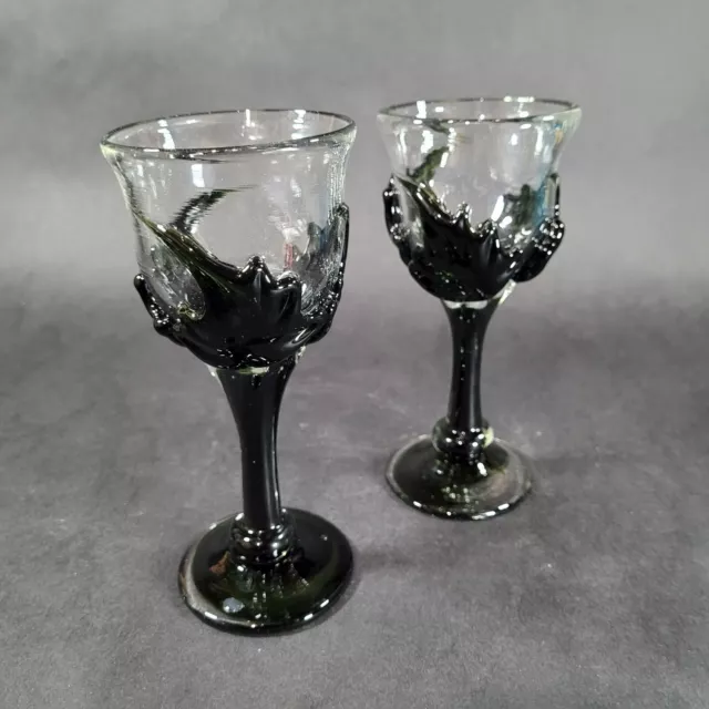 Vintage Art Glass Goblet Set Hand Blown Artist Signed Pair Green Applied Leaves