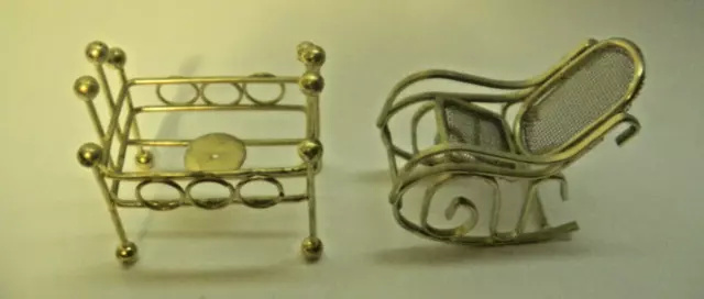 Vintage  Brass DOLL HOUSE Miniatures CRIB BED Rocking Chair