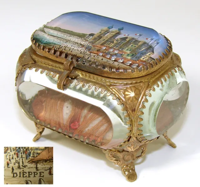 Antique French Grand Tour Style Beveled Glass & Ormolu Souvenir Casket, Dieppe