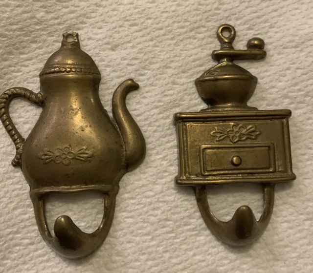 Lot of 2 Vintage Teapot And Coffee Grinder Brass Hooks Hangers