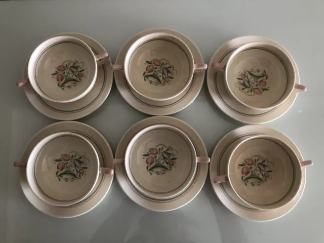 Susie Cooper Dresden Spray set of 6 soup bowls & saucers 1930s pastel floral