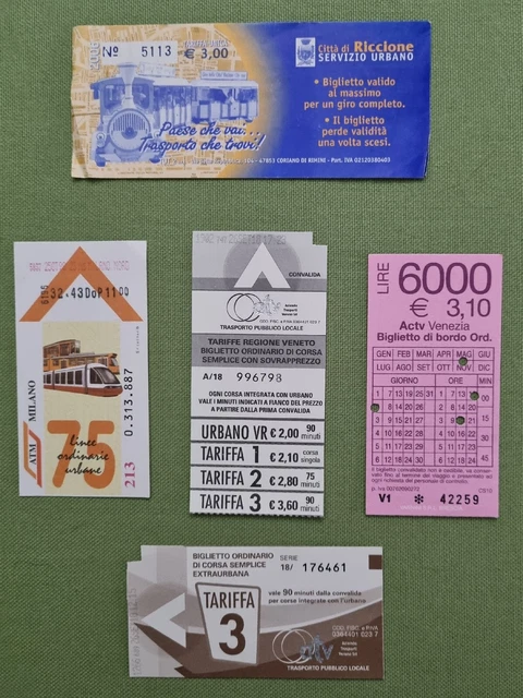 lotto 5 diversi Biglietti Autobus / Metro da collezione VENEZIA MILANO RICCIONE