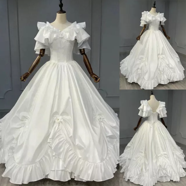 Vestidos de novia victorianos blancos marfil satén cuello en V volantes con cordones vestidos de novia