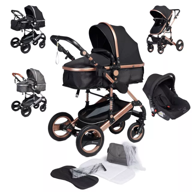 Bronea Kombi-Kinderwagen 3 in 1 SCHWARZ / GOLD Buggy Auto-Babyschale Matratze