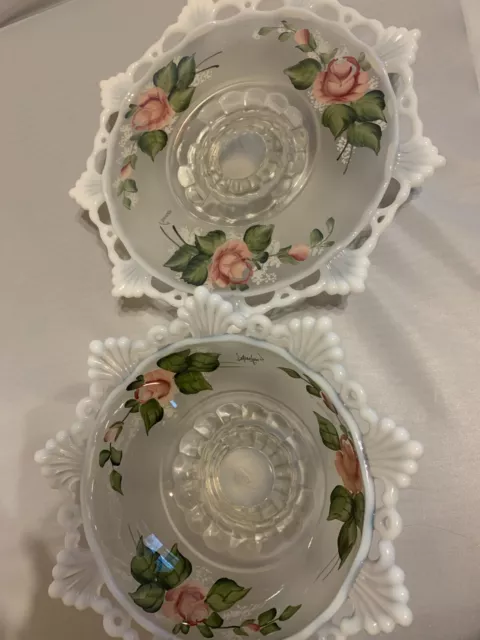 Vintage Mosser Opalescent Glass  CAKE STAND and BOWL  Hand painted rare