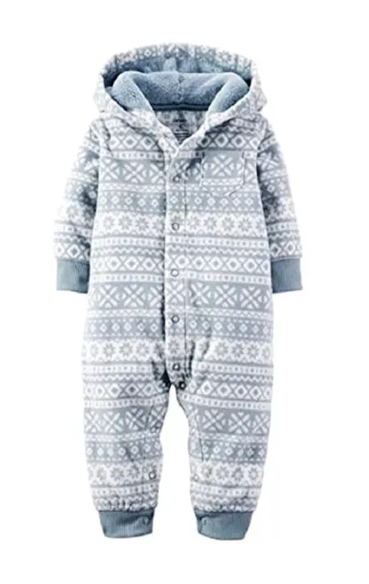 NWT Carters Baby Boy Gray Fair Isle Hooded Fleece Jumpsuit Coverall sz 3M