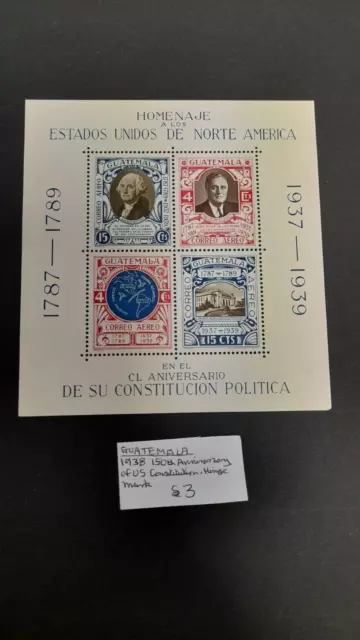 Guatemala stamp miniature sheet 1938 150th Anniversary US Constitution MM