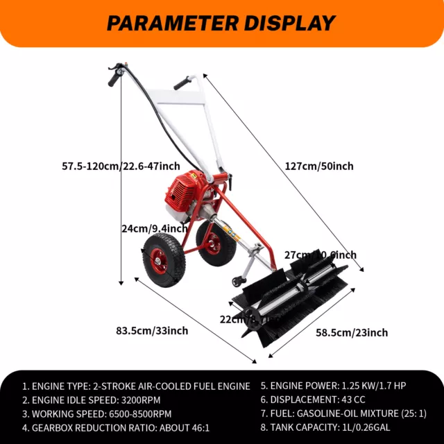 Kehrmaschine Benzin,43CC 1.7HP Benzin Motorbürste Motorbesen mit Rädern 2