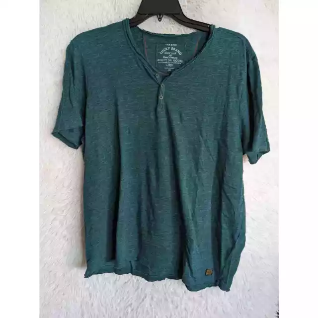 Lucky Brand Henley Linen Blend Shirt Men's XXL Green Short Sleeve Raw Hem