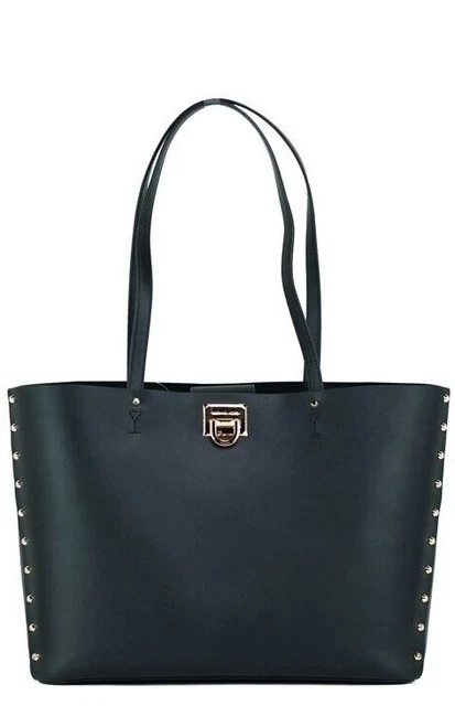 Michael Kors Manhattan Large Black Smooth Leather Studded Shoulder Tote Handbag