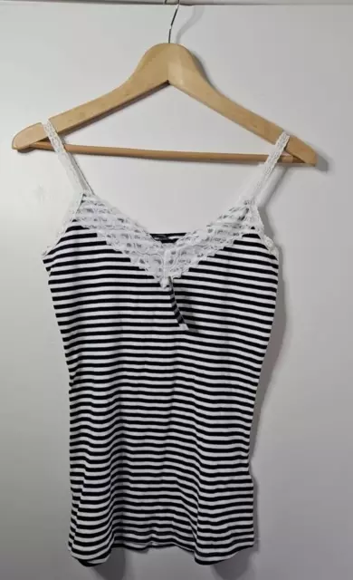 F & F Navy Blue & White Stripe Strappy Cami Vest Top Size 12 NEW BNWT Lace Trim