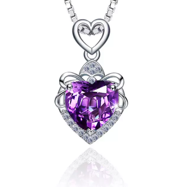 925 Sterling Silver Heart Amethyst Cubic Zirconia Pendant Necklace 18" Chain Box