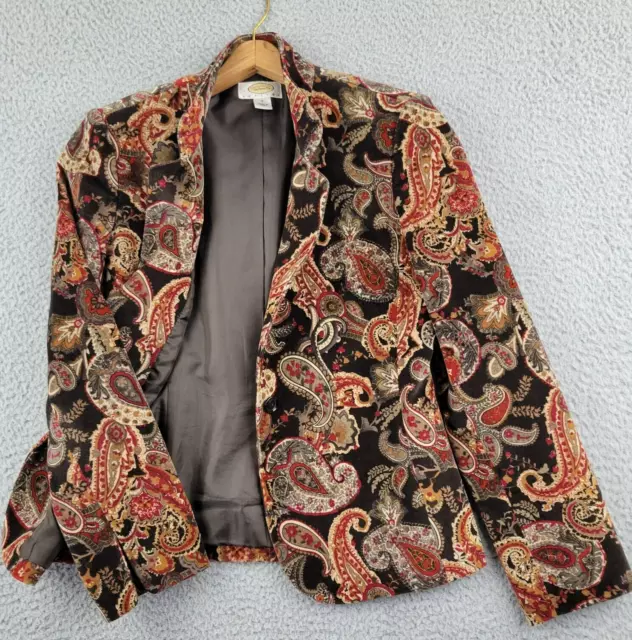 VTG Talbots blazer womens 2P brown paisley cotton velvet 28% silk gold red Korea