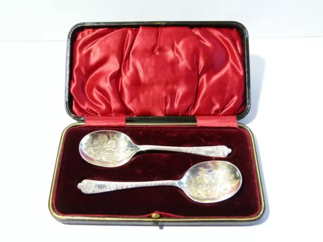 Antique 1897 Sterling Silver Pair Bright Cut Carved Spoons Cased, Christening