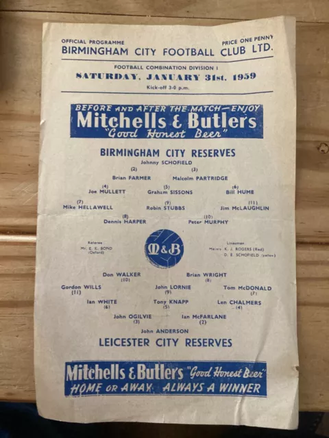 Birmingham City reserves v Leicester City 1959 1958/59 Football Combination