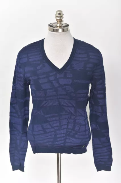 NWT VERSACE COLLECTION Blue Cotton Pique Knit Pullover V-Neck Sweater 48 / M