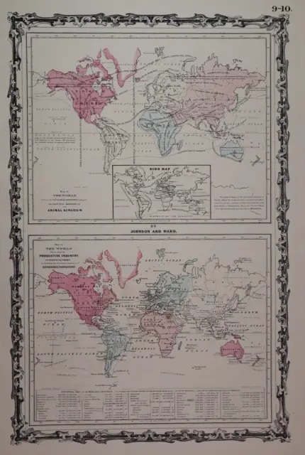 1863 Johnson Atlas Map ~ WORLD AMINAL KINGDOM - INDUSTRIES ~ (14x18) -#1460