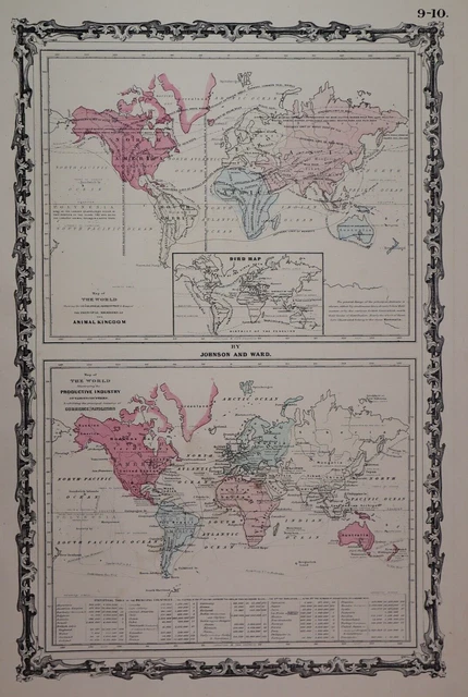 1863 Johnson Atlas Map ~ WORLD AMINAL KINGDOM - INDUSTRIES ~ (14x18) -#1460